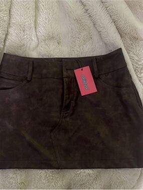 Edikted Faux Leather Mini Skirt in Dark Brown